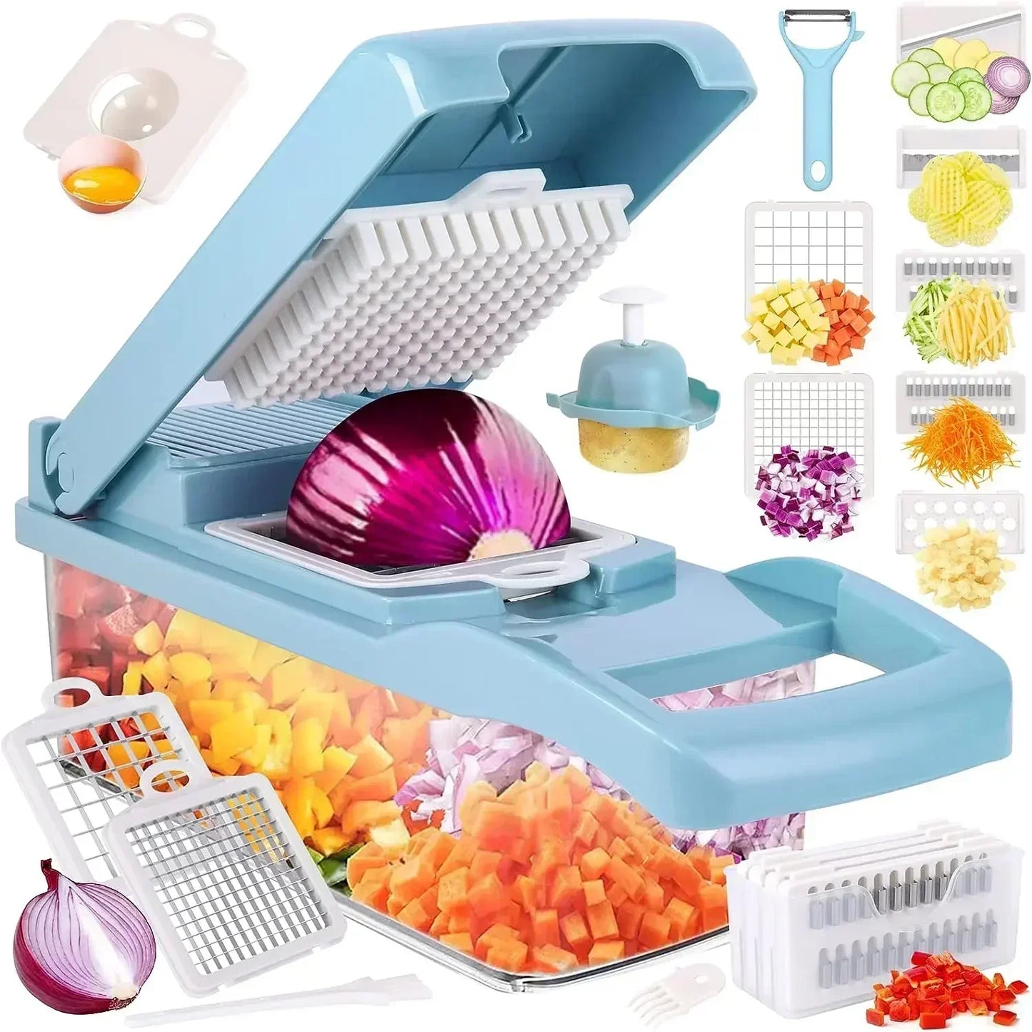 12/22 in 1 Multifunctional Vegetable Cutter Manual Food Chopper Potato Shredder Vegetable Slicer with Container Kitchen Gadget