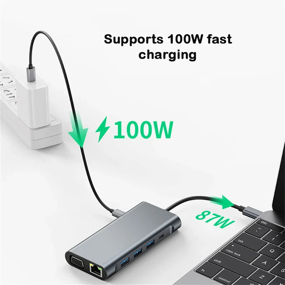 USB C HUB 4K 30Hz Type C to HDMI-compatible USB 3.0 Adapter 11 in 1 Type C HUB Dock PD 87W USB C Splitter for MacBook Pro Air