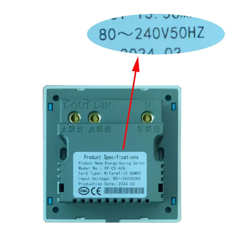 مفتاح توفير الطاقة للفنادق بتقنية RFID، تردد عالي 13.56 ميجاهرتز، بطاقة IC، جهد عريض 80-240 فولت، 40 أمبير، 15 ثانية، يدعم تأخير إيقاف التشغيل 110/127/220 فولت