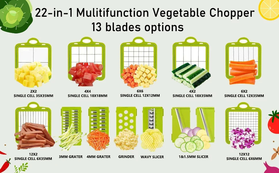 قطاعة خضراوات متعددة الوظائف 12/22 في 1، مفرمة طعام يدوية، مفرمة بطاطس، قطاعة خضراوات مع حاوية، أداة مطبخ