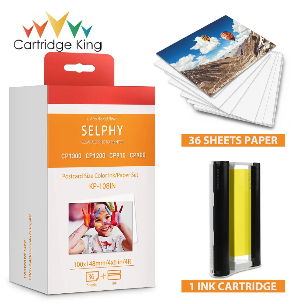 Compatible for Canon Selphy CP1300 CP1200 CP1000 CP910 Ink Cassette for Selphy CP1500 Photo Paper Set Printer KP108IN 6 Inch