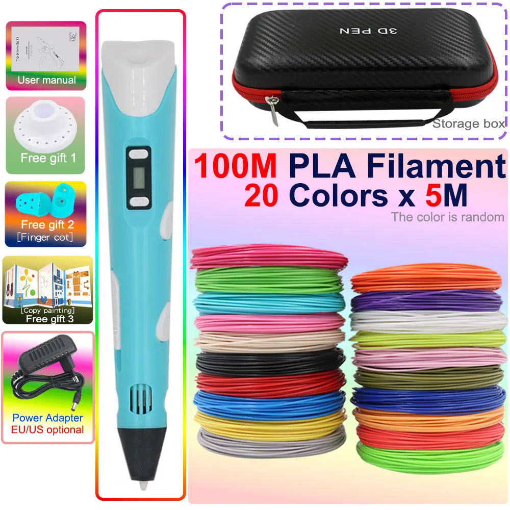 Novel Creative Children's 3D Printing Pen with LCD Display PLA Filament Power Adapter Travel Box Kids Christmas Birthday Gift