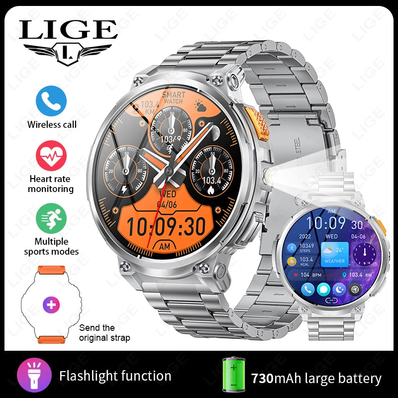 "LIGE Smart Watch for Men | Flashlight, BT Call, Fitness & Health Monitor | 730mAh Battery, Compatible with Android & iOS"