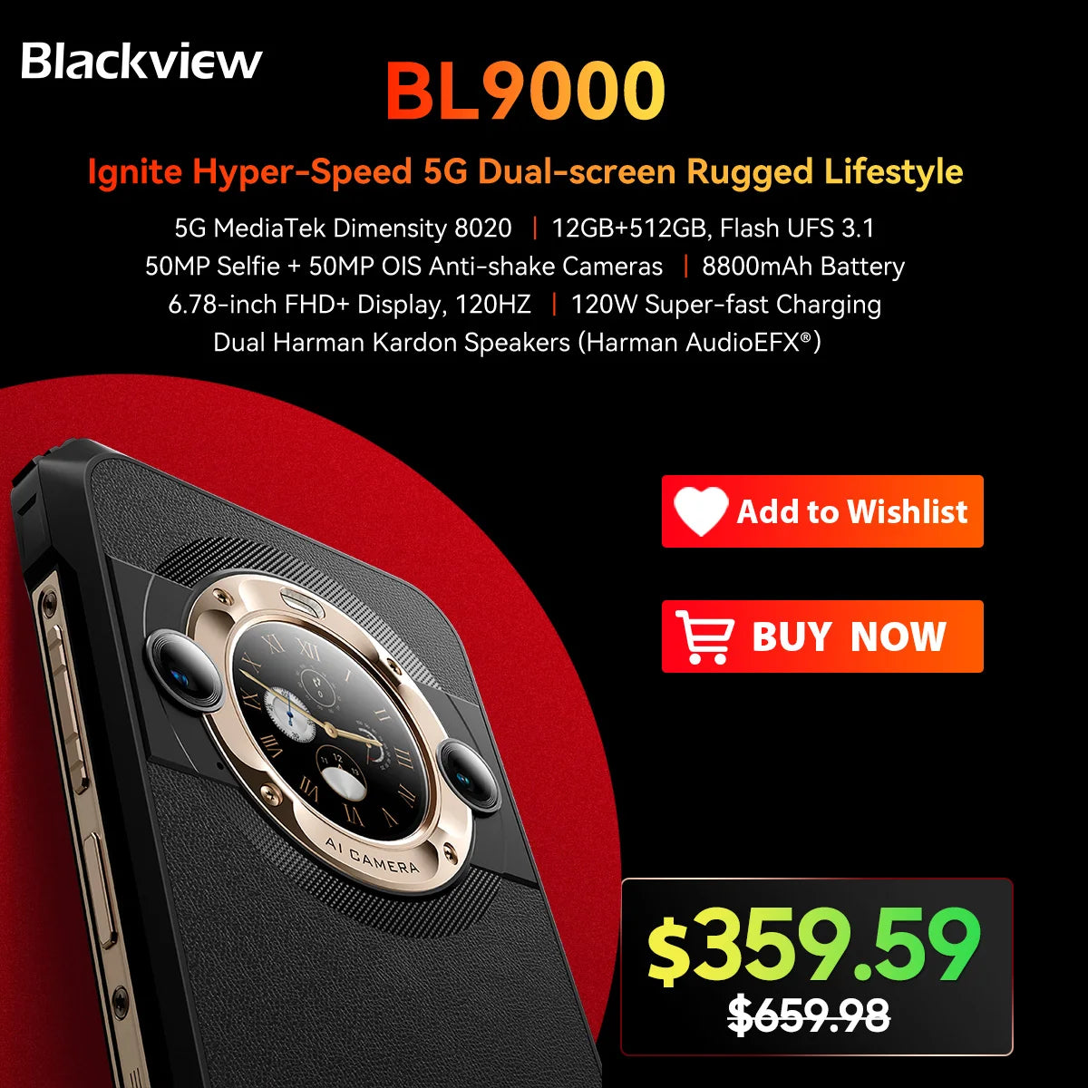 "Blackview BL9000 5G Rugged Smartphone | 6.78'' 2.4K Display | 24GB + 512GB | 50MP Camera | 8800mAh Battery with 120W Fast Charging"