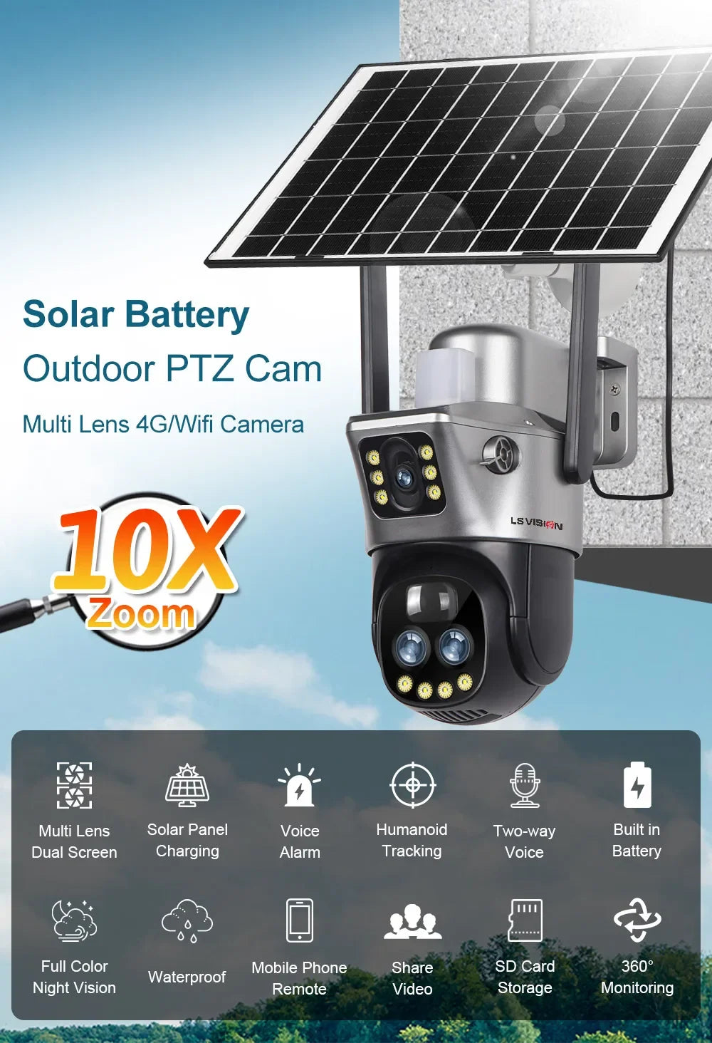 LS VISION 6K 12MP 10X Zoom 4G Solar Camera Outdoor WiFi PTZ Dual Screen Red Blue Light Alarm Auto Tracking Surveillance Cameras