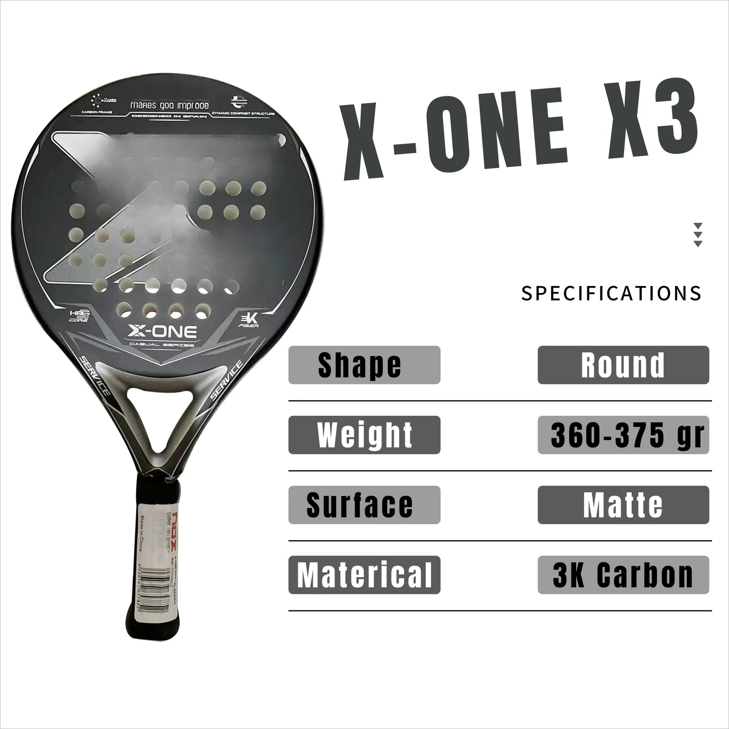 X-ONE-Carbon Fiber Paddle Raquete de tênis, núcleo redondo forma para iniciantes, raquete sem capa saco, 3K 12K 18K