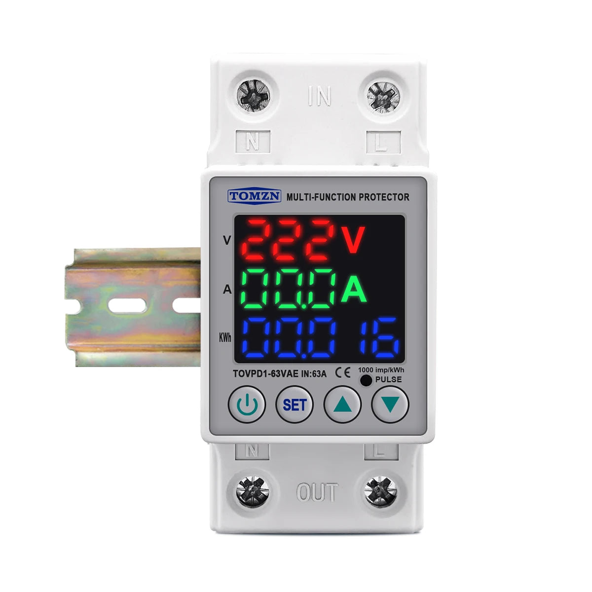 "TOMZN 63A 230V Din Rail Voltage Protector | Adjustable Over/Under Voltage Relay with Current Protection & Energy Meter"