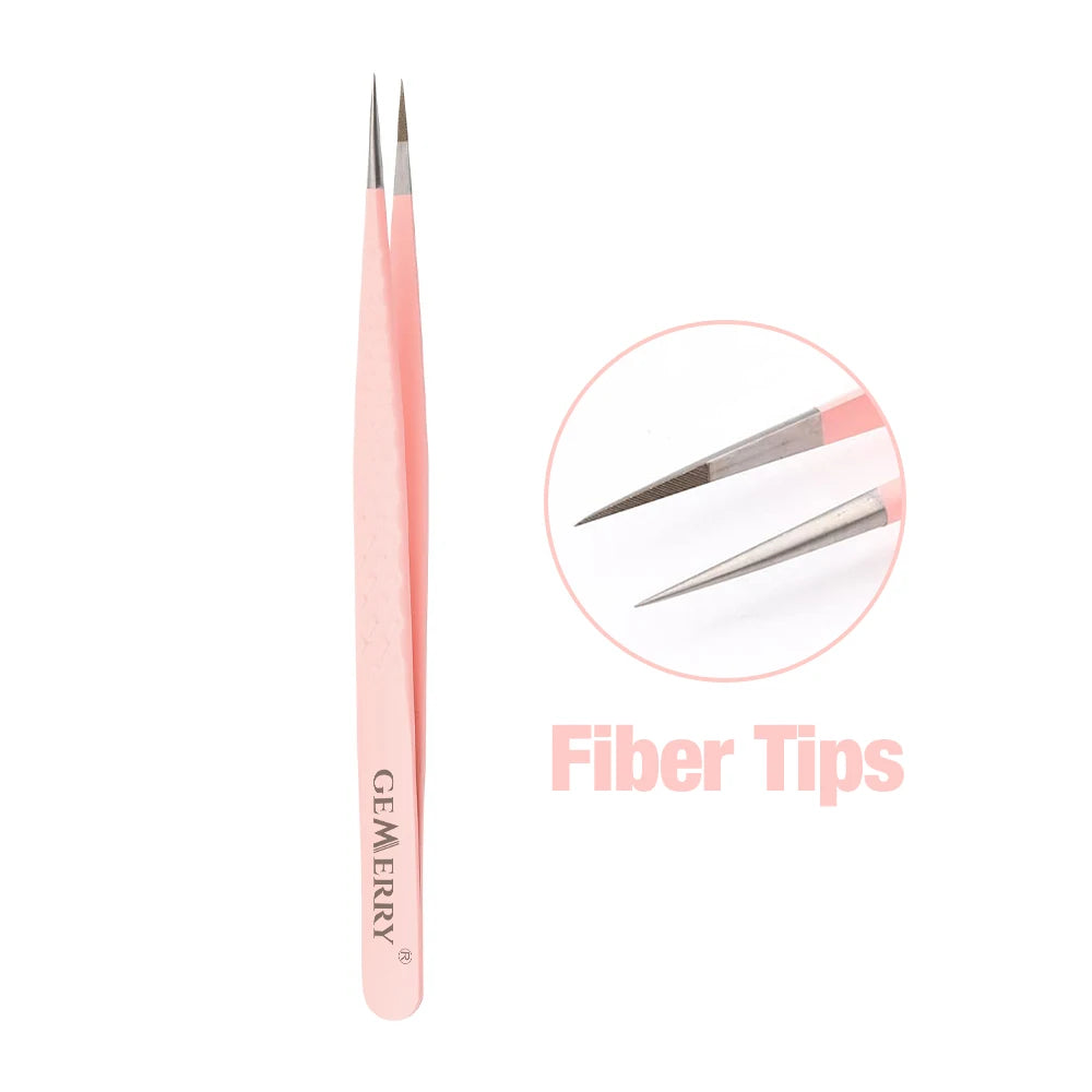 Gemerry 1 pcs Pink Stainless Steel Tweezers Eyelash Extensions High Precision Anti-static Tweezers with Fiber Tips Makeup Tools