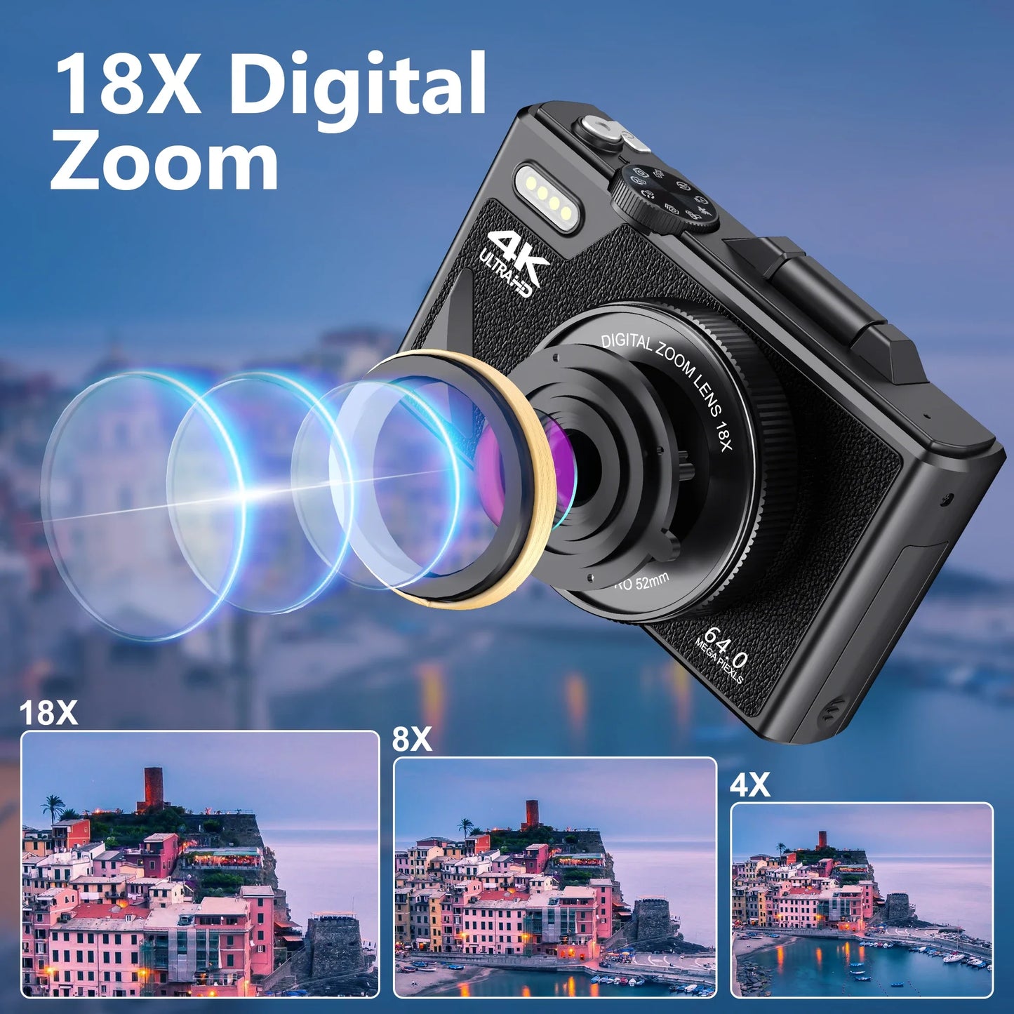 18X Digital Zoom Camera for Photography 4K 64MP YouTube Vlogging Video Camcorder 3'' Flip Screen Selfie Webcam Compact Cameras