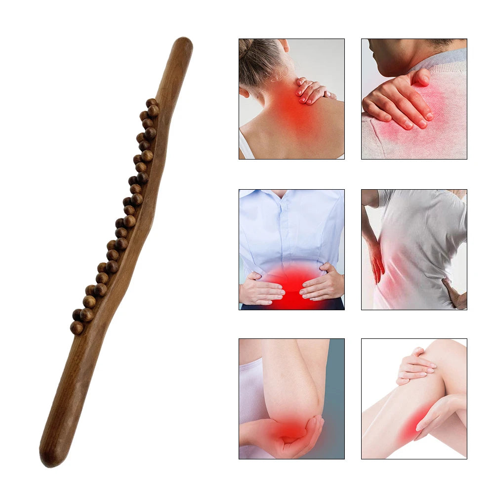 Guasha Wood Stick Tool Wooden Therapy Scraping Lymphatic Drainage Massager Double Row 31/20 Beads Point Back Pain Relief Roller