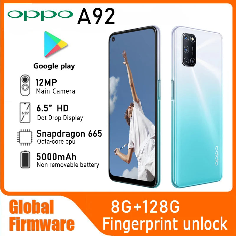 OPPO A92 LTE GSM Unlocked 6.5" 12MP Quadruple camera (Dual SIM)((Snapdragon 665)(Black/Purple/Blue Global) 5000mAh used phone