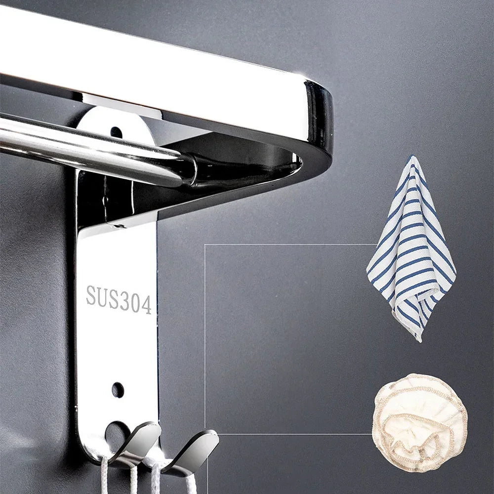 Stainless Steel 40-60CM Towel Bar With Hook Wall Mount Rack Mirror Chrome Shower Rod Rail Hanger Bathroom Holder Accessories