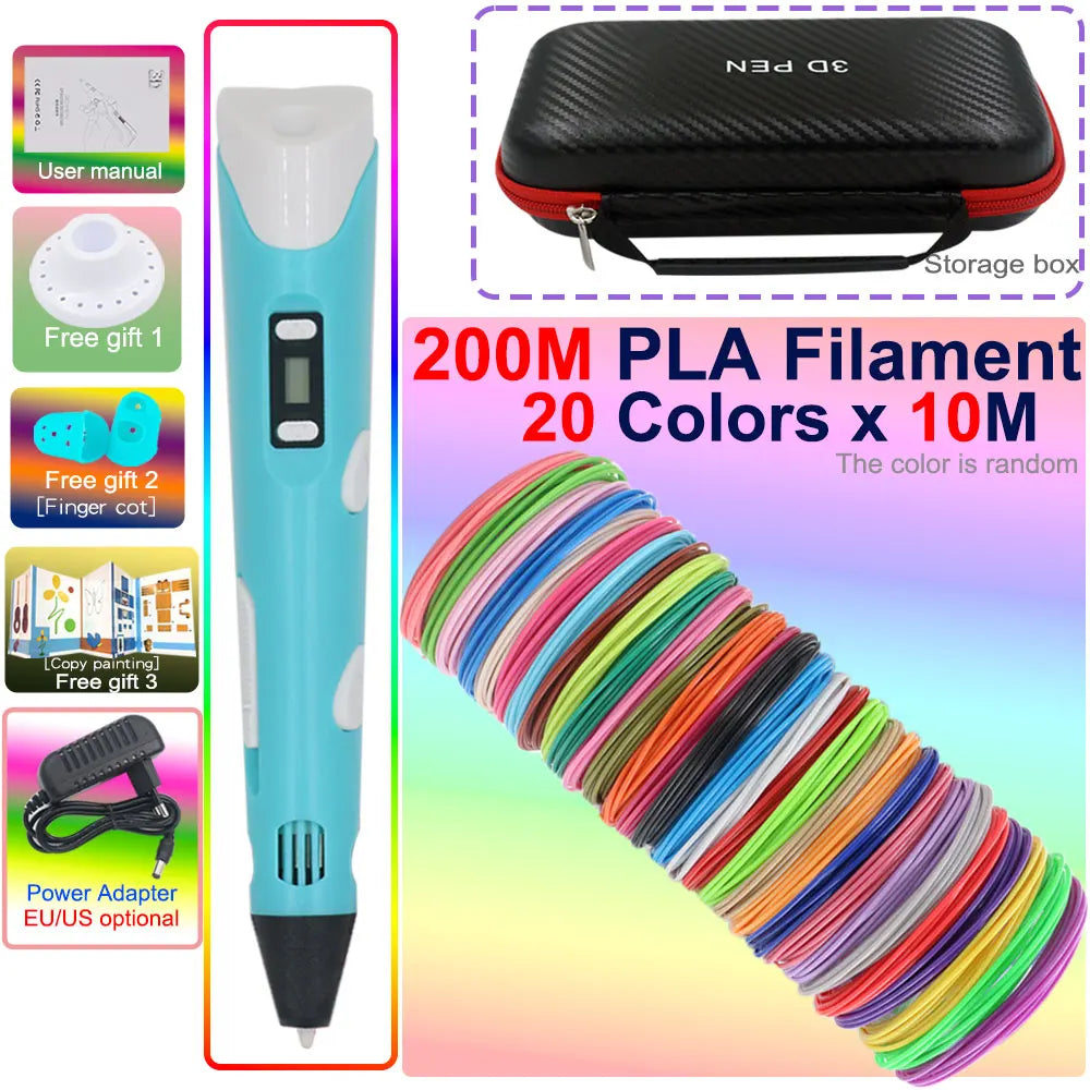 قلم طباعة ثلاثي الأبعاد للأطفال مع شاشة LCD ومحول طاقة وخيوط PLA وصندوق سفر وهدية عيد الميلاد للأطفال