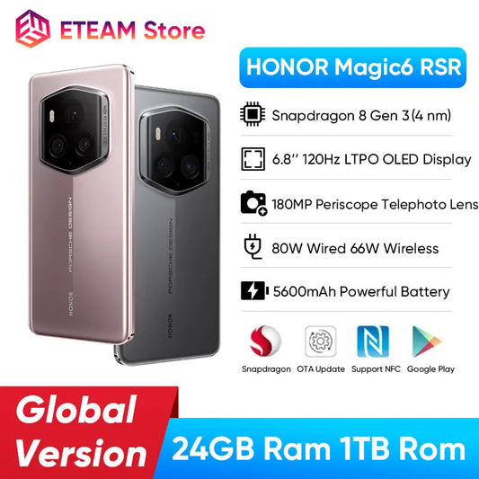 النسخة العالمية الأصلية الجديدة من هاتف HONOR Magic6 RSR PORSCHE DESIGN 5G الذكي بشاشة OLED LTPO مقاس 6.8 بوصة وتردد 120 هرتز وشحن لاسلكي فائق بقوة 66 وات