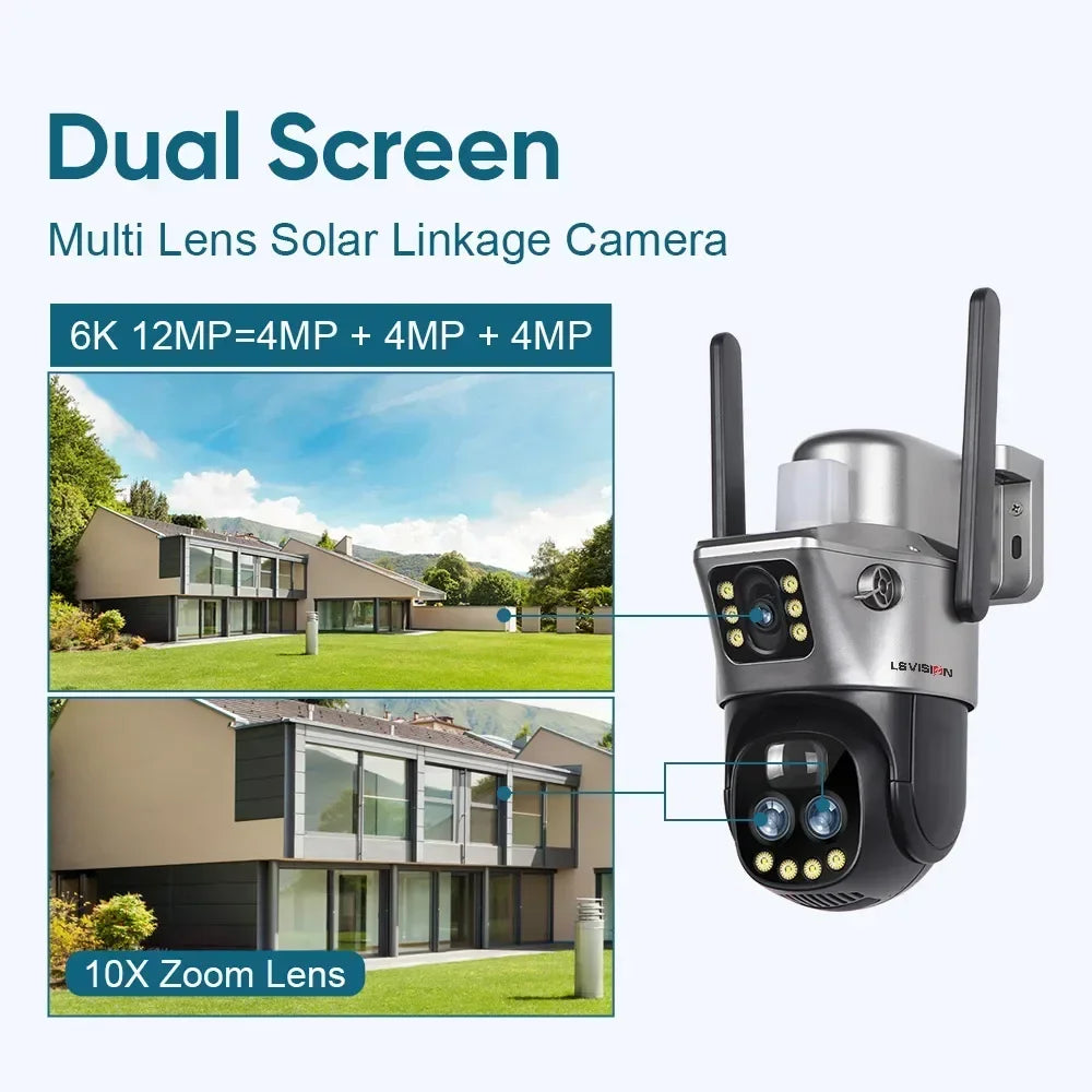 LS VISION 6K 12MP 10X Zoom 4G Solar Camera Outdoor WiFi PTZ Dual Screen Red Blue Light Alarm Auto Tracking Surveillance Cameras