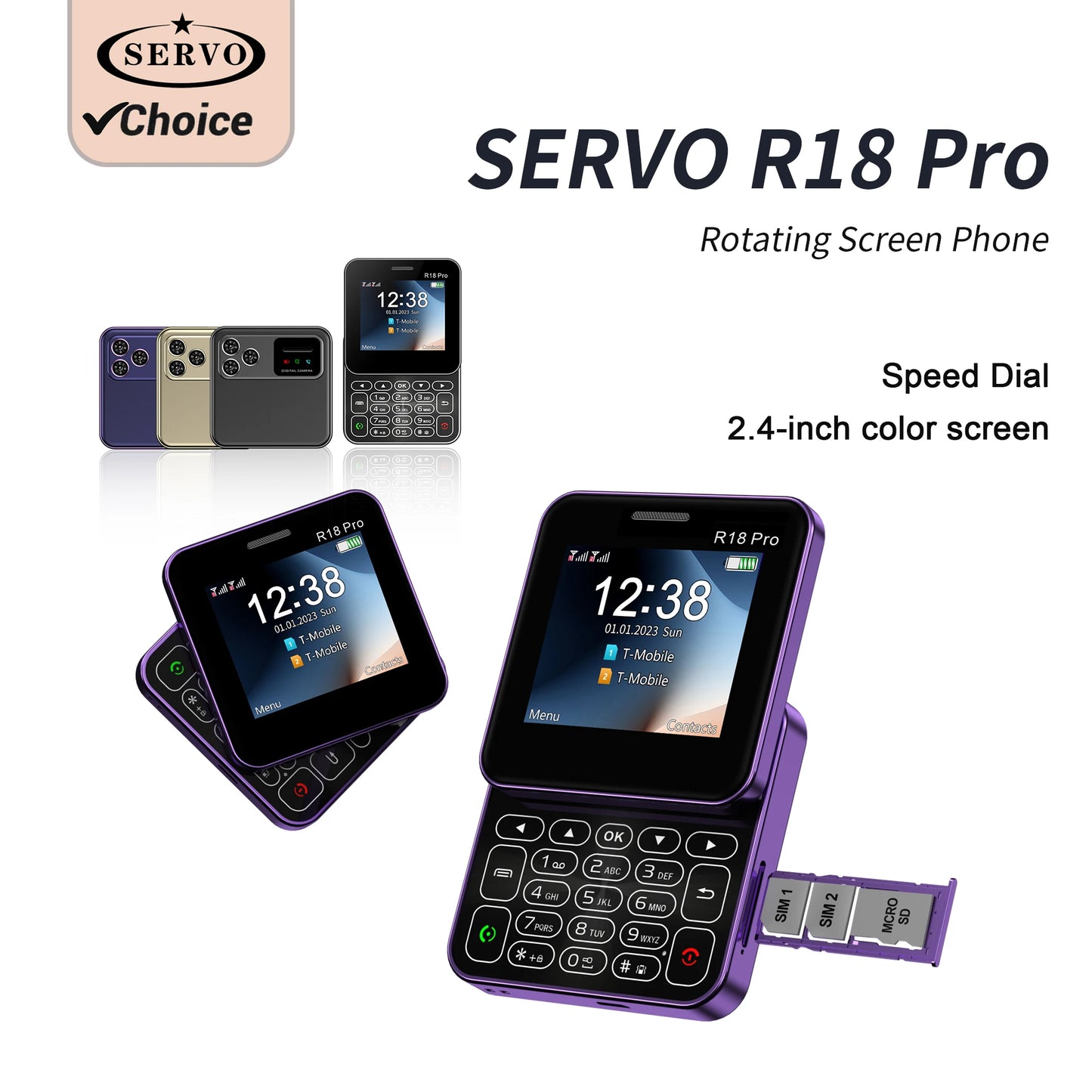 SERVO R18 PRO Rotating Sliding Screen Phone 2.4" Display 2G Flashlight Blacklist Speed Dial 90° Rotating Small Slider Cellphone