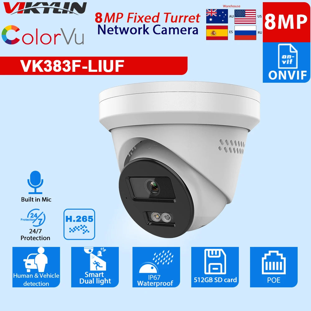 VIKYLIN for hikvision OEM 5MP 8MP IP Camera Smart Hybrid Light Human Vehicle Detection Alarm POE Security Camera Home CCTV IP67