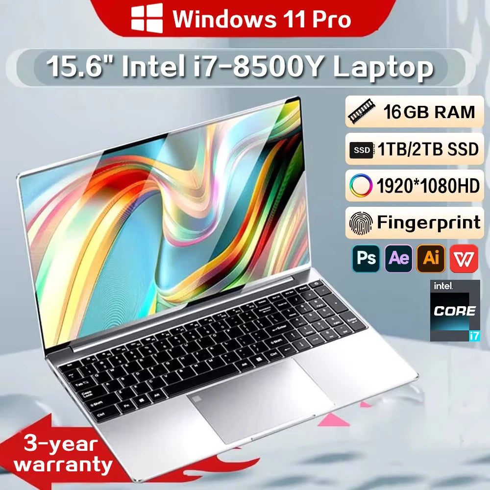 Notebook 2025 New 15.6 Inch Laptop Fingerprint Unlock Windows 11 Intel Core i7 8500Y 16GB RAM 1TB SSD Office Pc Gaming Laptops