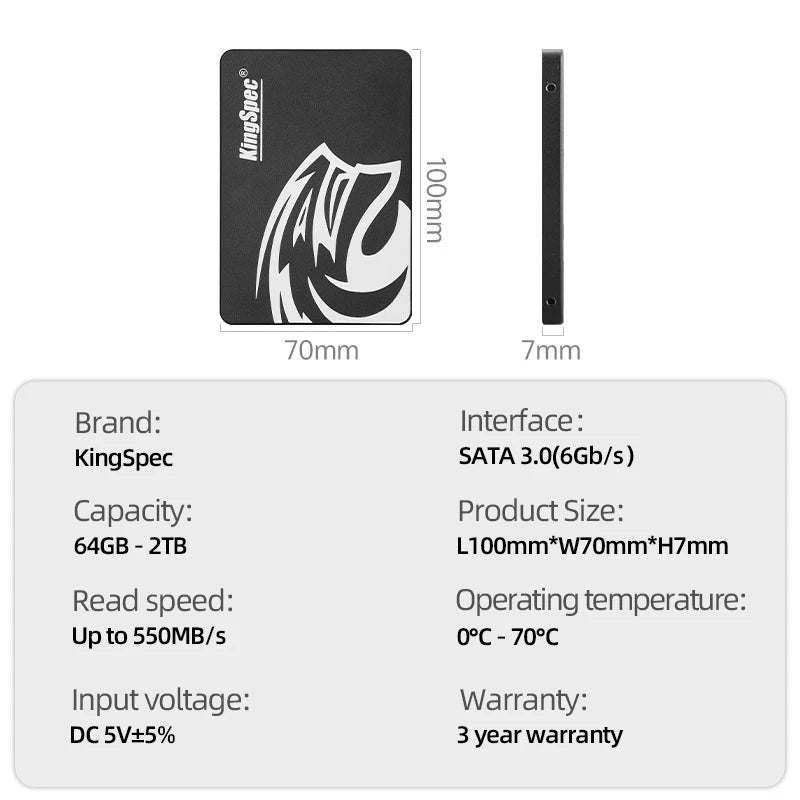 "KingSpec SATA3 SSD | 60GB to 1TB Internal 2.5'' Solid State Drive | High-Speed & Reliable Storage Solution"