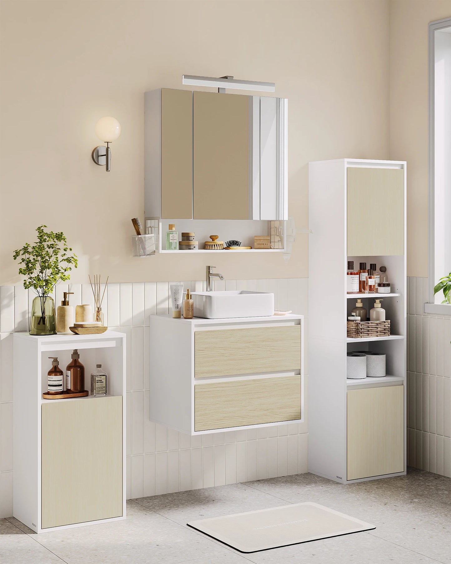 VASAGLE Bathroom Cabinet Wall-Mounted, Tall Bathroom Wall Cabinet, Adjustable Door Swing Direction, 7 Compartments