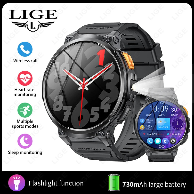 "LIGE Smart Watch for Men | Flashlight, BT Call, Fitness & Health Monitor | 730mAh Battery, Compatible with Android & iOS"