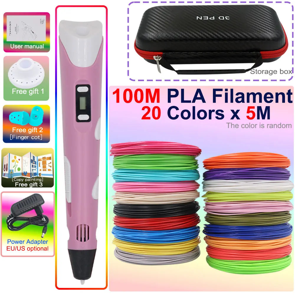 Novel Creative Children's 3D Printing Pen with LCD Display PLA Filament Power Adapter Travel Box Kids Christmas Birthday Gift