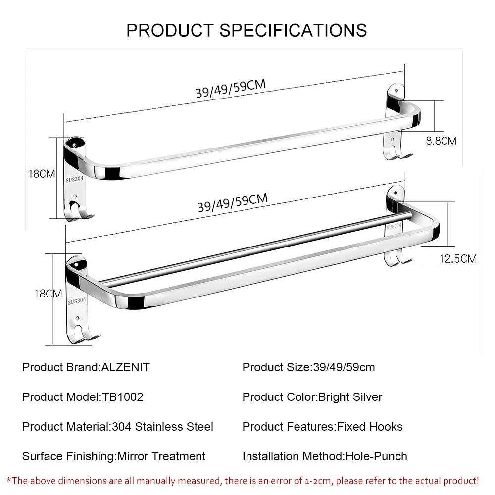 Stainless Steel 40-60CM Towel Bar With Hook Wall Mount Rack Mirror Chrome Shower Rod Rail Hanger Bathroom Holder Accessories