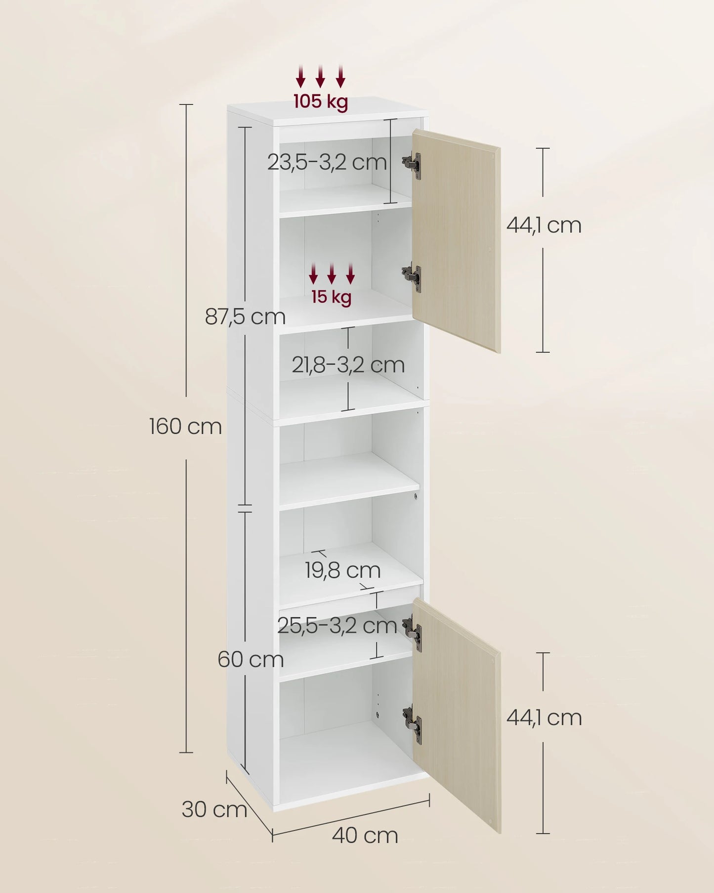 VASAGLE Bathroom Cabinet Wall-Mounted, Tall Bathroom Wall Cabinet, Adjustable Door Swing Direction, 7 Compartments