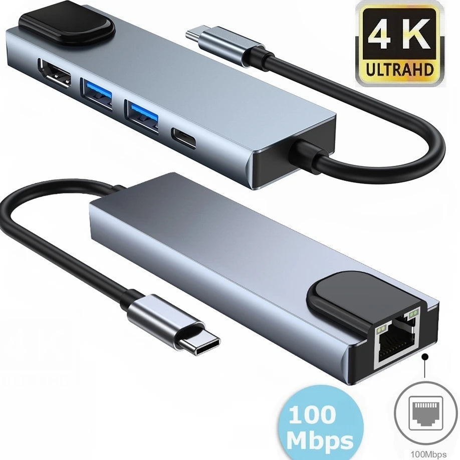 5 in 1 USB Type C to HDMI 4K USB C Hub 3.0 to Gigabit 100M Ethernet Rj45 Lan Adapter for Macbook Pro Thunderbolt 3 Charger Port