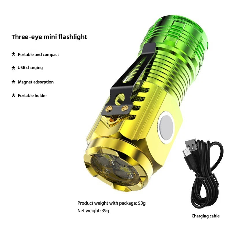 Three eyes strong magnetic rechargeable flashlight portable ultra bright light multi-functional mini led working light