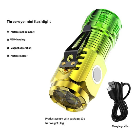 Three eyes strong magnetic rechargeable flashlight portable ultra bright light multi-functional mini led working light