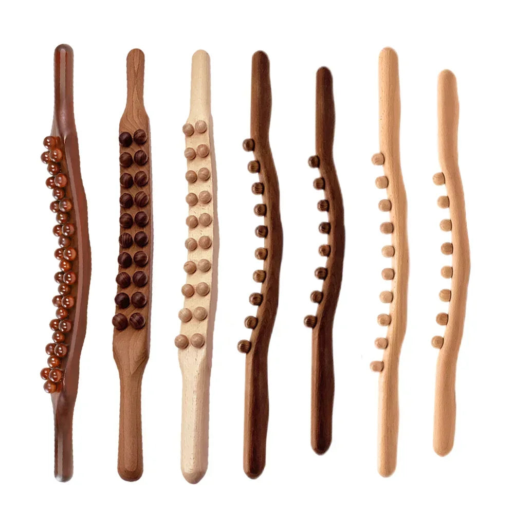 Guasha Wood Stick Tool Wooden Therapy Scraping Lymphatic Drainage Massager Double Row 31/20 Beads Point Back Pain Relief Roller