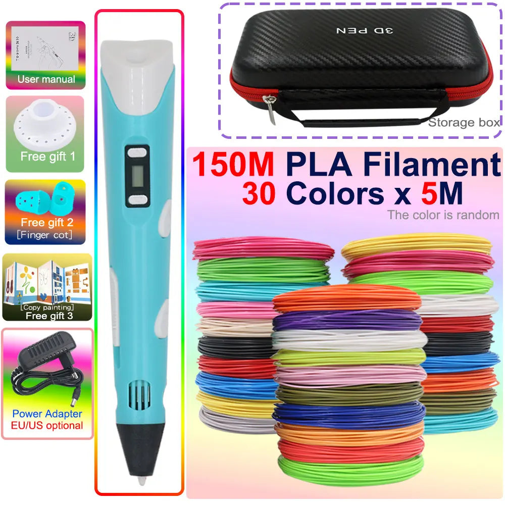 Novel Creative Children's 3D Printing Pen with LCD Display PLA Filament Power Adapter Travel Box Kids Christmas Birthday Gift