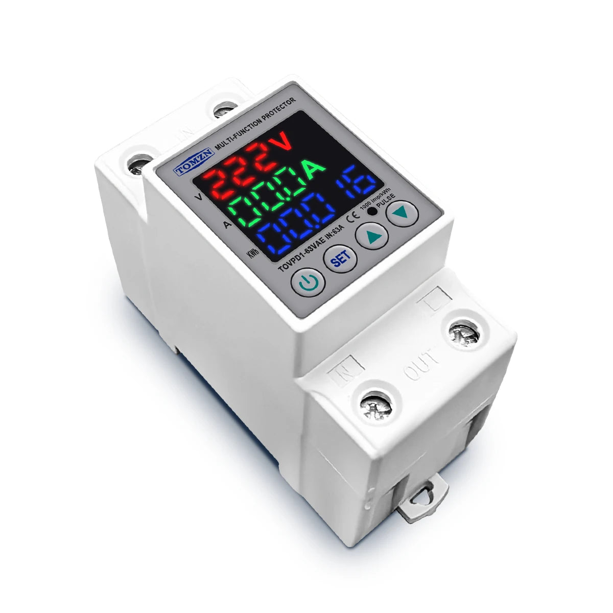 "TOMZN 63A 230V Din Rail Voltage Protector | Adjustable Over/Under Voltage Relay with Current Protection & Energy Meter"