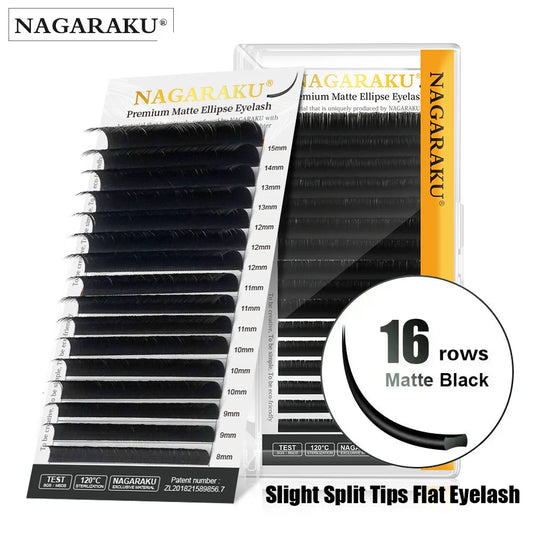 NAGARAKU 16 Rows Flat Ellipse Eyelashes Extensions 0.20 Matte Black Split Tips False Eyelashes Natural Light Soft Makeup Tools