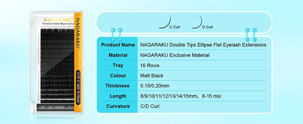 NAGARAKU 16 Rows Flat Ellipse Eyelashes Extensions 0.20 Matte Black Split Tips False Eyelashes Natural Light Soft Makeup Tools