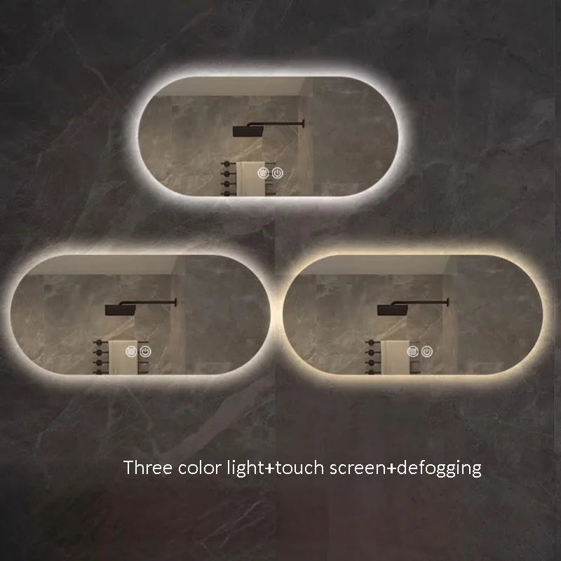 "Elliptical LED Bathroom Mirror | Anti-Fog, Wall-Mounted, 3-Color Lighting | Perfect for Hotels & Restrooms"