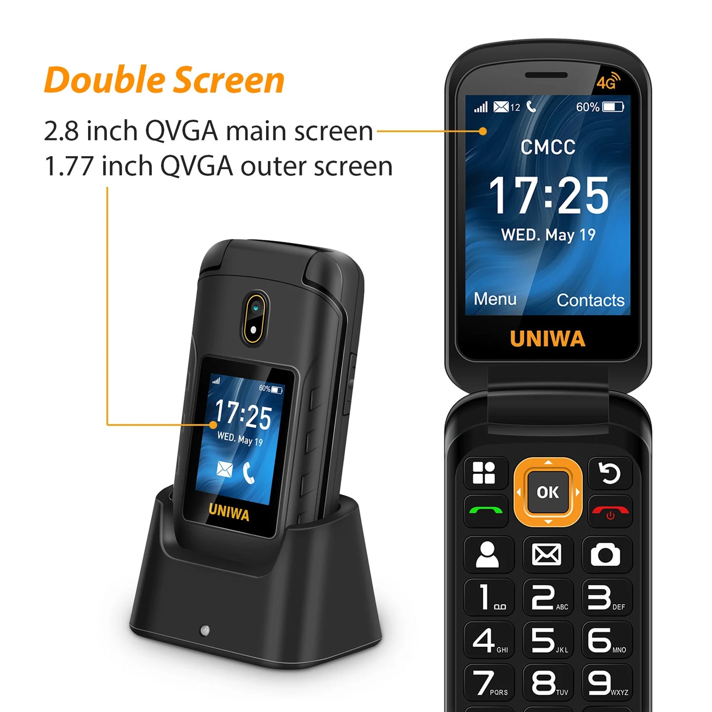 UNIWA V909T Flip Phone 4G Dual Screen Single Nano Cellphone Big Push-Button Mobile Phone for Elderly 2250mAh Russian Keyboard