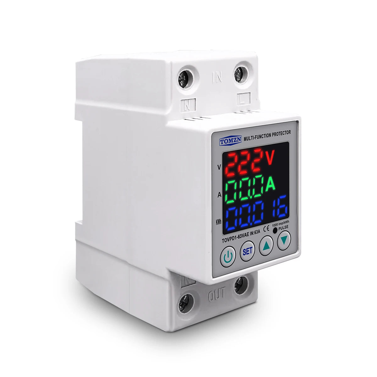 "TOMZN 63A 230V Din Rail Voltage Protector | Adjustable Over/Under Voltage Relay with Current Protection & Energy Meter"