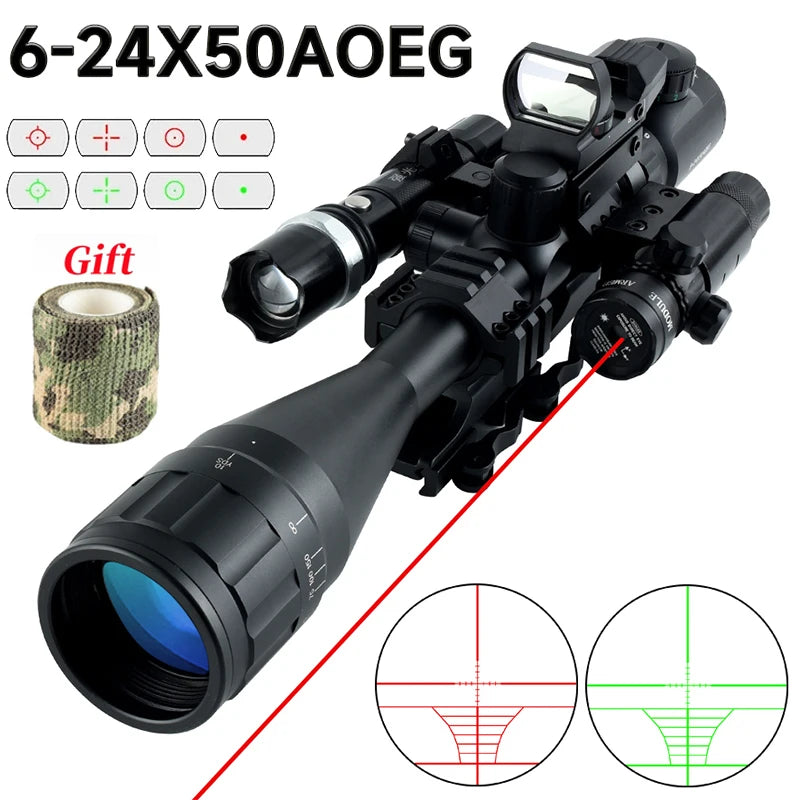 Optics 6-24x50 AOE Rifle Scope Hunting Riflescope Combo Optical Aim Collimator Tactical Gun Sight Red Green Reticle Telescope