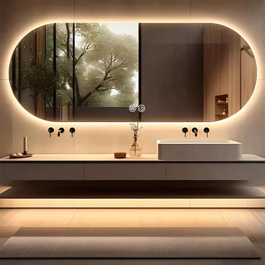 "Elliptical LED Bathroom Mirror | Anti-Fog, Wall-Mounted, 3-Color Lighting | Perfect for Hotels & Restrooms"