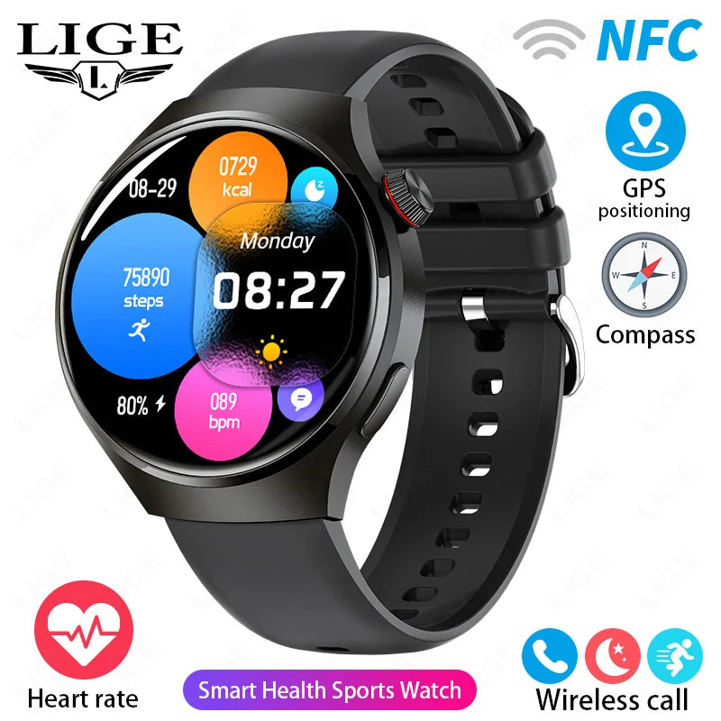 LIGE NFC GPS SmartWatch For Huawei Xiaomi Android ios AMOLED HD Screen Watches Health Smart Watch Men Waterproof Bluetooth Call