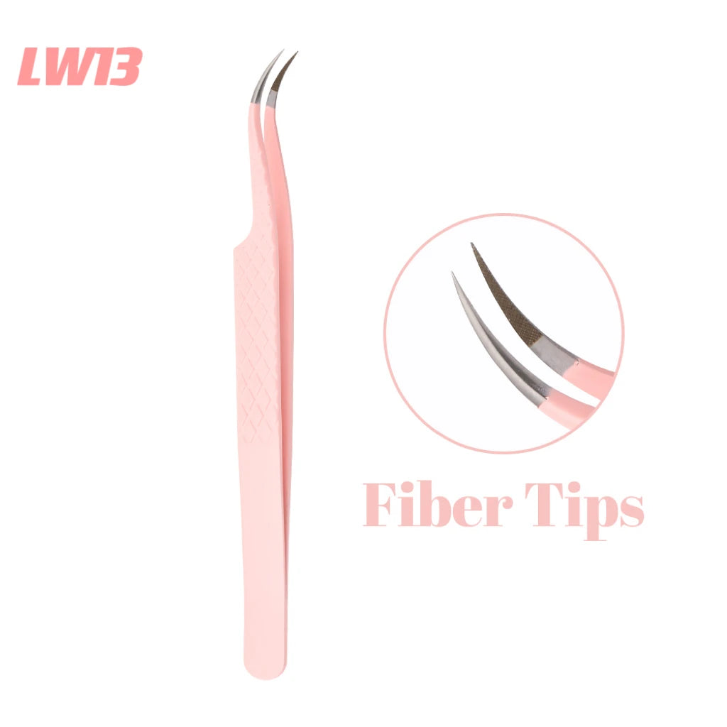 Gemerry 1 pcs Pink Stainless Steel Tweezers Eyelash Extensions High Precision Anti-static Tweezers with Fiber Tips Makeup Tools