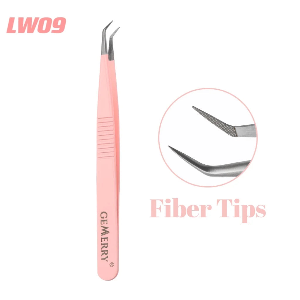 Gemerry 1 pcs Pink Stainless Steel Tweezers Eyelash Extensions High Precision Anti-static Tweezers with Fiber Tips Makeup Tools