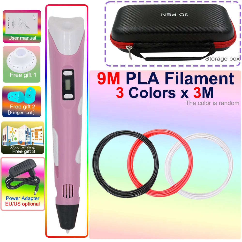 Novel Creative Children's 3D Printing Pen with LCD Display PLA Filament Power Adapter Travel Box Kids Christmas Birthday Gift