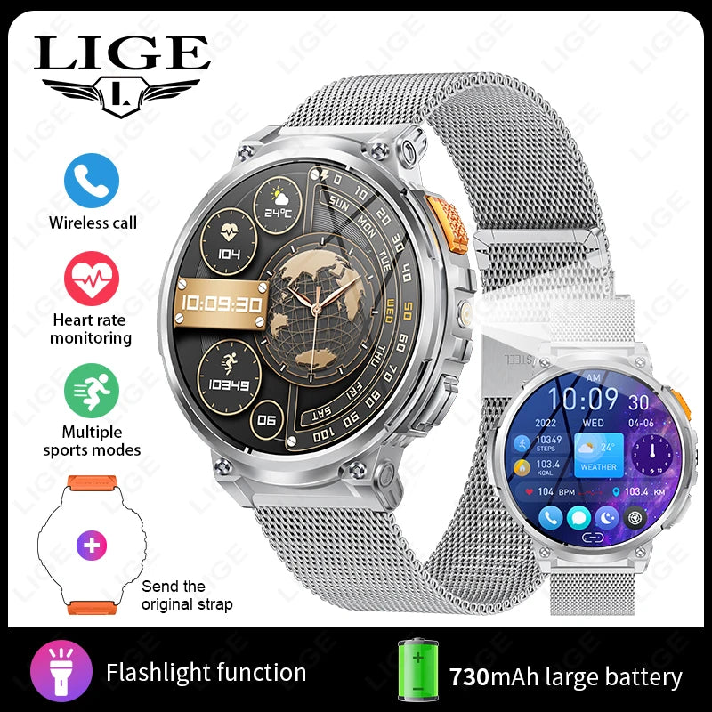 "LIGE Smart Watch for Men | Flashlight, BT Call, Fitness & Health Monitor | 730mAh Battery, Compatible with Android & iOS"