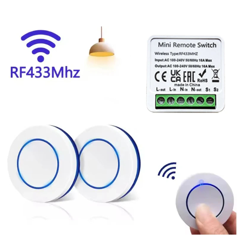 RF 433 MHz Smart Switch 1/2/3 Gang Wall Panel Mini Round Button Wall Panel Switch 16A Relay Receiver Automation Module 100V~240V