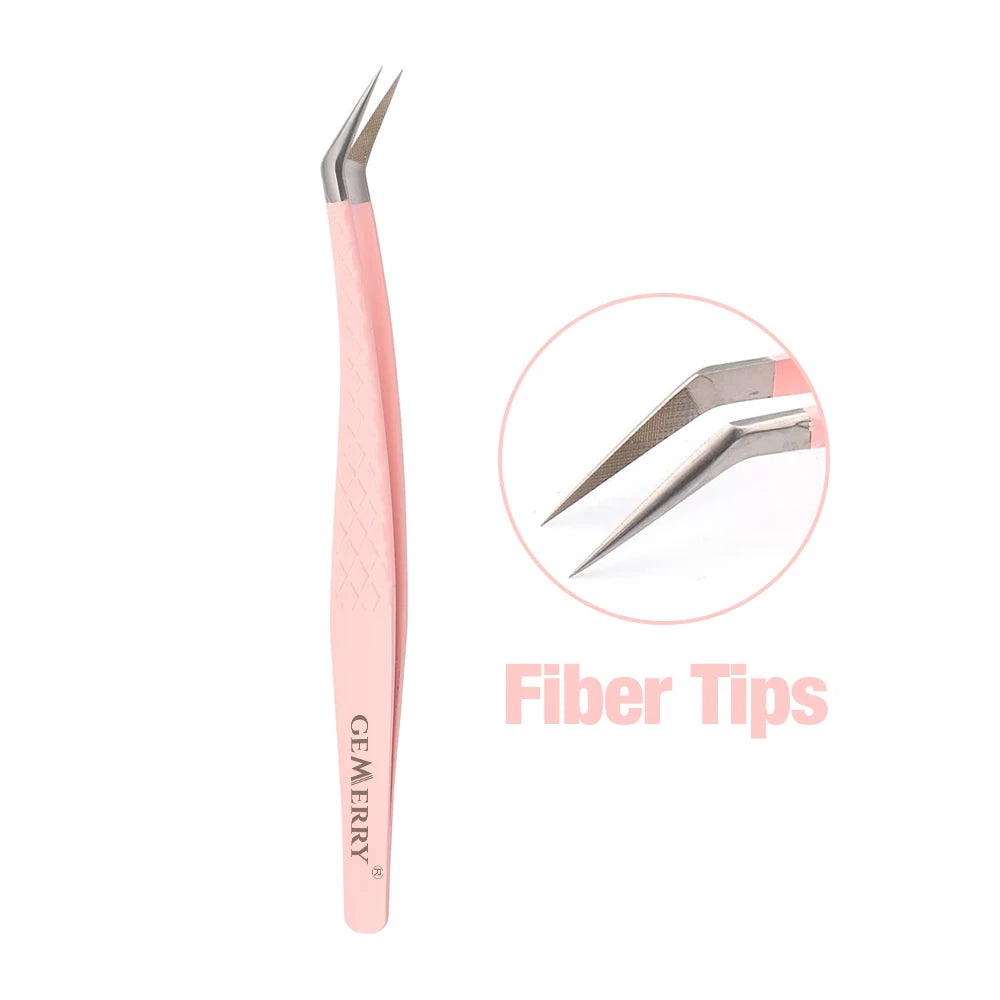 Gemerry 1 pcs Pink Stainless Steel Tweezers Eyelash Extensions High Precision Anti-static Tweezers with Fiber Tips Makeup Tools