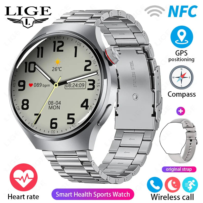 LIGE NFC GPS SmartWatch For Huawei Xiaomi Android ios AMOLED HD Screen Watches Health Smart Watch Men Waterproof Bluetooth Call