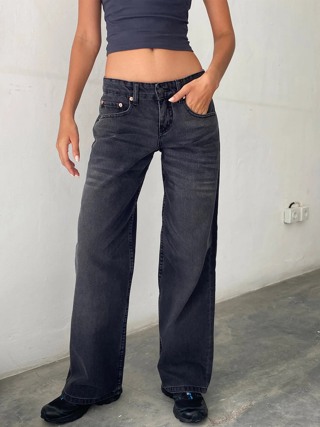 Jeans Women Denim Wide Leg Pant Floor Length Pants Splice Loose Casual Pockets High Waist Straight Trousers Autumn Winter